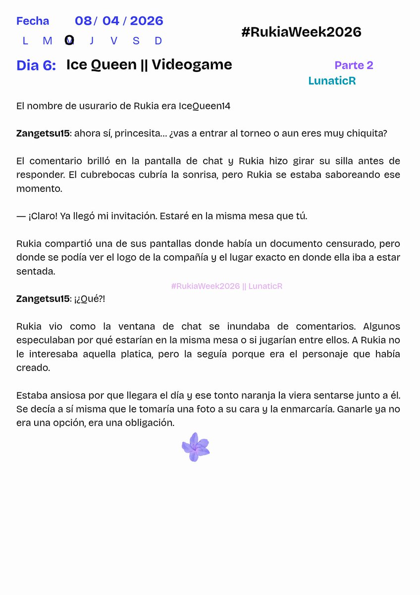 Día 6: Ice Queen || Vídeo Game 💜❄️🐇

#Rukiaweek2026 #rukiaweek #rukia
#bleach #fanfic #LunaticR

<a href="/rukiaweek/">rukia week 2026!🐰</a>