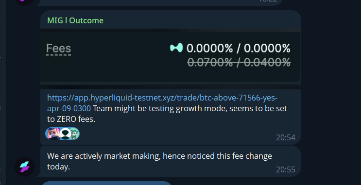 HIP-4 update

<a href="/Outcomexyz/">Outcome</a> team is actively market making HIP-4 on testnet.

They've found that the team reduced the fees to 0%, looking to test growth mode.

Maybe a last step before allowing deployers to start working on HIP-4, or a way to make it very attractive at launch.