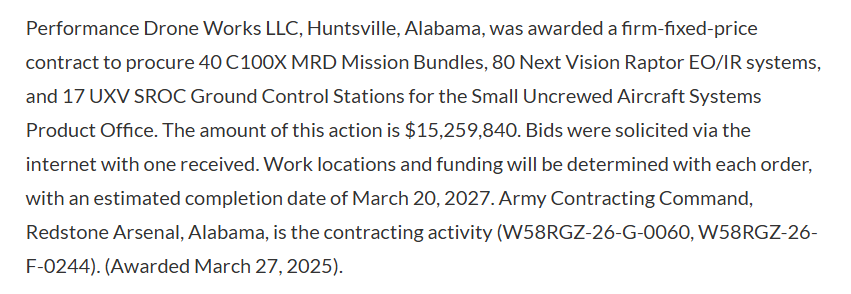 YoYInvestor's tweet image. $ONDS NEW: Performance Drone Works has been awarded a $15.26M contract for their C100X platform by the U.S. Army🔥 

Remember, Ondas invested $35M in PDW in November 2025, representing ~3% ownership via Series B-3 Preferred Stock, implying a ~$1.17B valuation at the time. 

Ondas