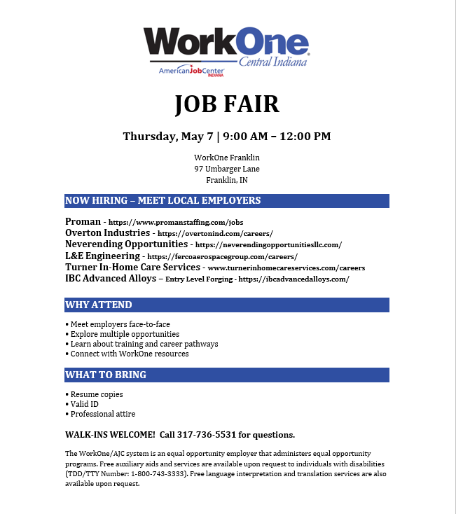 Looking for Employment.  Join up at the Franklin WorkOne Job Fair 5/7/26 9am to noon.