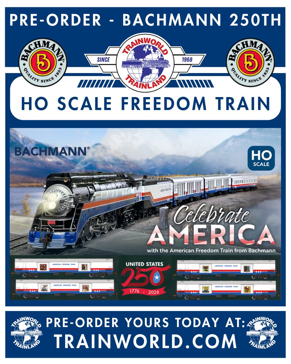 Trainworld's tweet image. Pre-Order for the 250th Anniversary of America with the Bachmann HO Scale Freedom Train! trainworld.com/catalogsearch/…

Celebrate USA with: Trainworld.com @bachmanntrains

#trains #train #modeltrain #modelrailroad #railfans #railfans_of_instagram #railfanning #trainworld
