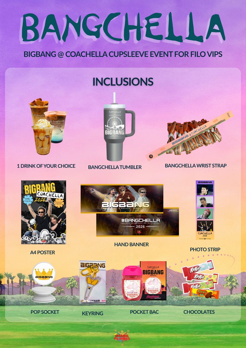 [COACHELLA SUPPORT | PH CUPSLEEVE EVENT]

Calling all Filo VIPs! Join us in an early celebration of BIGBANG's Coachella Debut! Enjoy some drinks, get a swag bag, meet fellow VIPs, and win prizes!

See you there! 👋

*Those who signed up may now proceed to payment - please see our