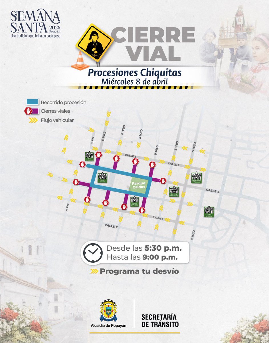 AlcaldiaPopayan's tweet photo. Recuerda que, durante la procesión ✝️, se realizan cierres viales 🚧 en el #CentroHistórico.

Planea tus visitas 🤍 a este sector de la ciudad y evita congestiones.

¡Entre todos lo hacemos posible! https://t.co/TnITG6gvae