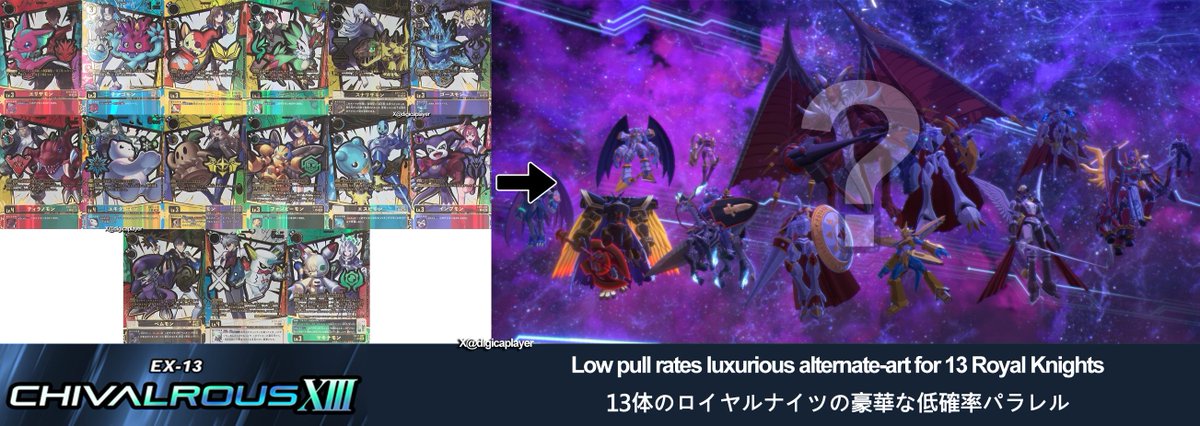 digicaplayer's tweet image. EX13 Chivalrous XIII
Low pull rate luxurious alternate-art for 13 Royal Knights
13体のロイヤルナイツの豪華な低確率パラレル
#デジモン #デジモンカード #DigimonCardGame #デジカ #Digimon