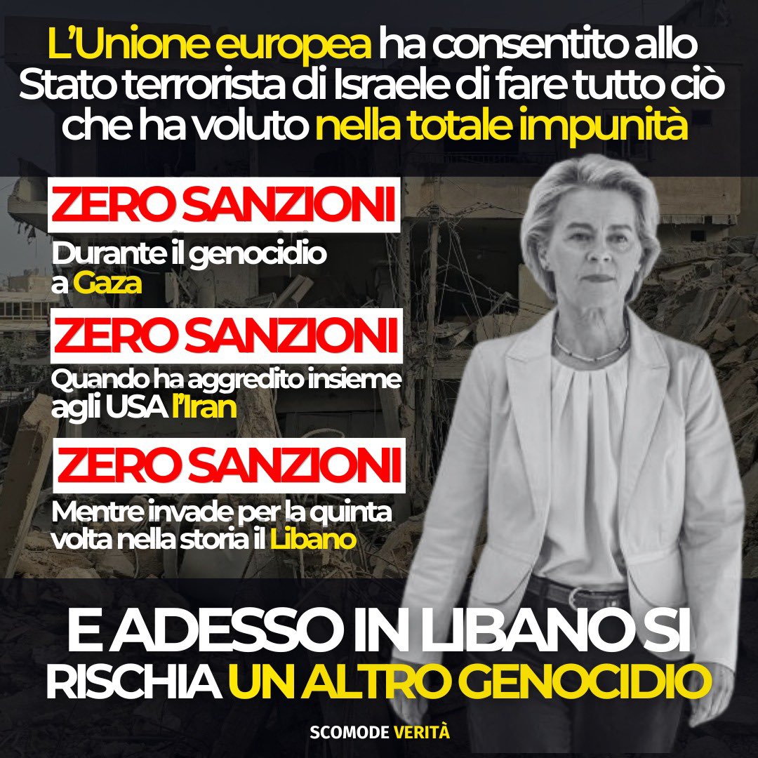 L’Unione europea ha approvato 19 pacchetti di sanzioni contro la Russia. Non ha mai approvato neppure una sanzione mentre era in corso, ed è in corso, un genocidio in Palestina. Leggete qui 👉 alessandrodibattista.substack.com/p/libano-160-b… e iscrivetevi al mio canale Substack