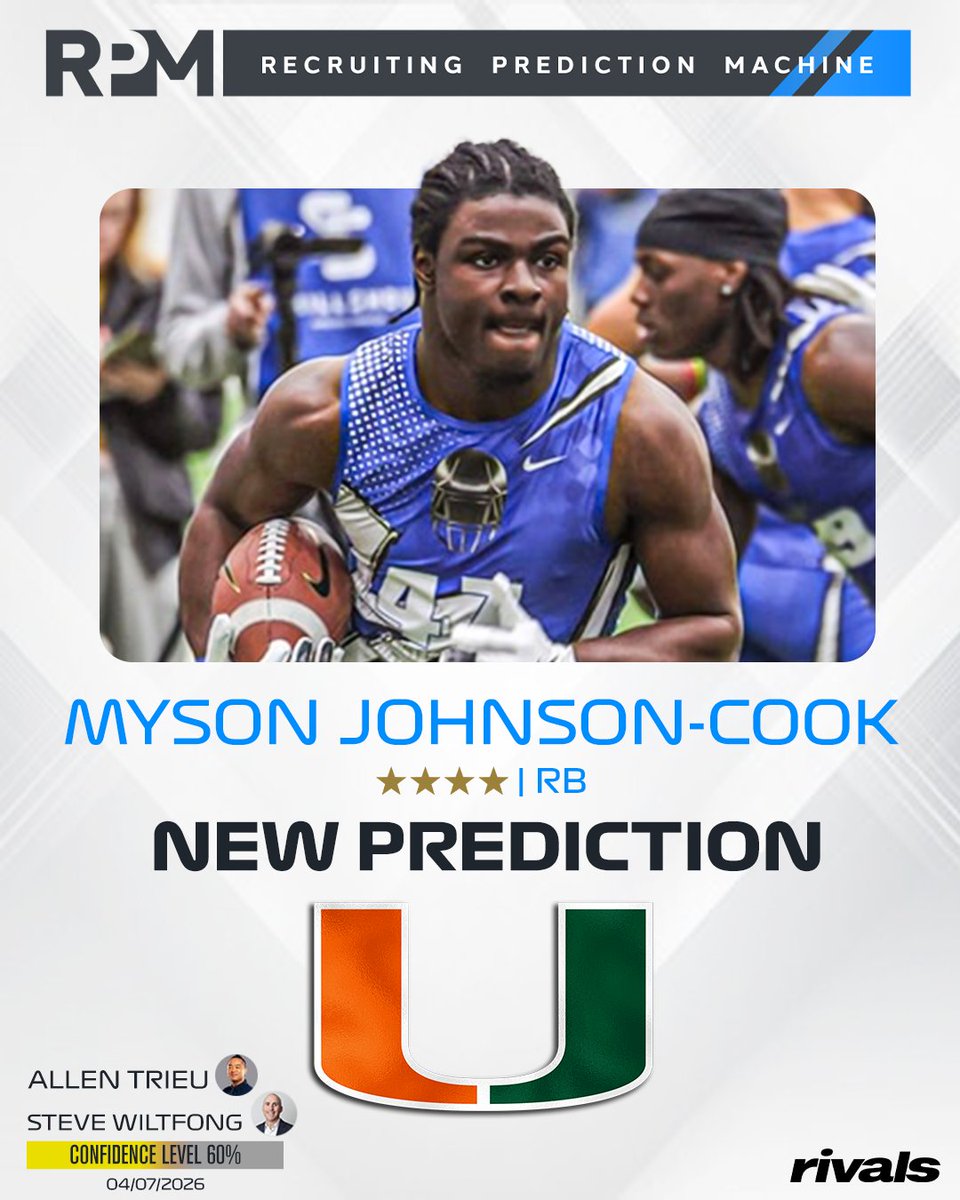 On3’s <a href="/SWiltfong_/">Steve Wiltfong</a> and <a href="/AllenTrieu/">Allen Trieu</a> have logged expert predictions for Miami to land 4-star RB Myson Johnson-Cook 🙌

Intel: on3.com/rivals/news/in…