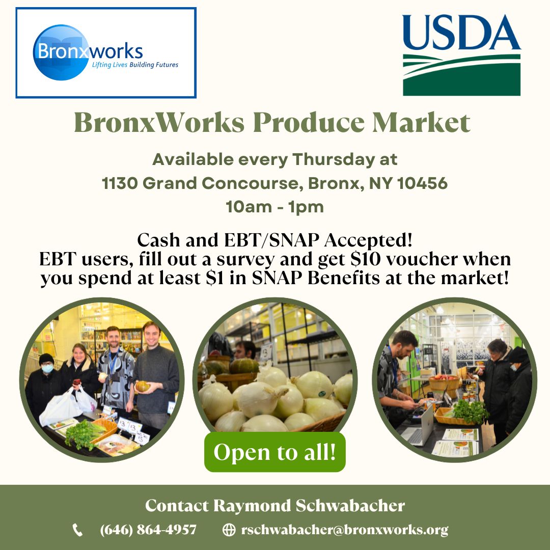 BronxWorks's tweet image. Looking for affordable fresh fruits &amp;amp; vegetables? Come to the #BronxWorks Produce Market every Thursday at 1130 Grand Concourse, Bronx, NY. We accept cash and EBT/SNAP Benefits. Contact Raymond at rschwabacher@bronxworks.org for more information. #bronx #HealthyEating
