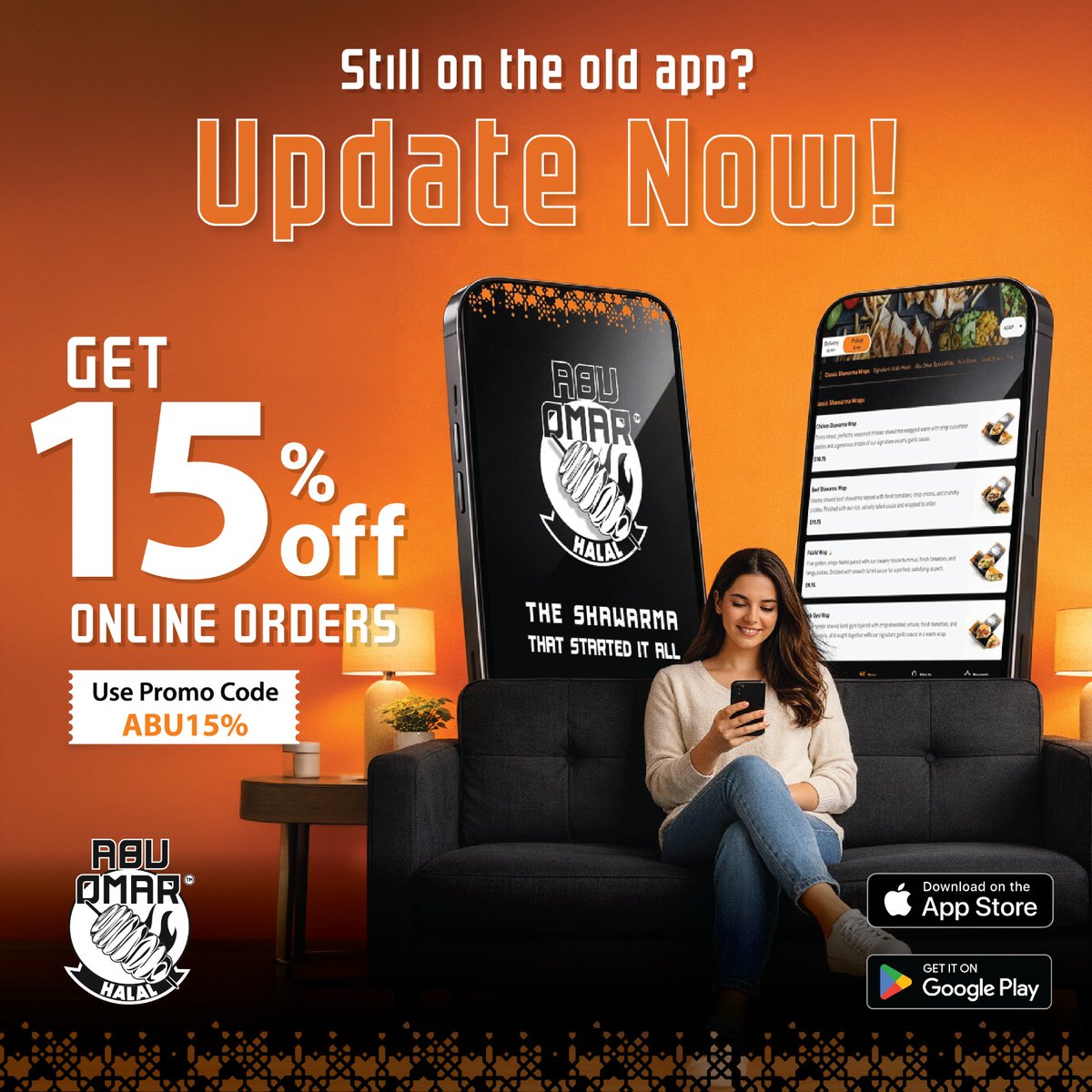 AbuOmarHalal's tweet image. Update to the NEW Abu Omar Halal app today and enjoy a smoother, faster ordering experience 🌯

Get 15% OFF your online order when you use promo code ABU15% at checkout!📲

#AbuOmarHalal #AppUpdate #OnlineOrdering #PromoCode #HalalEats #ShawarmaDelivery #FoodApp #DiscountCode
