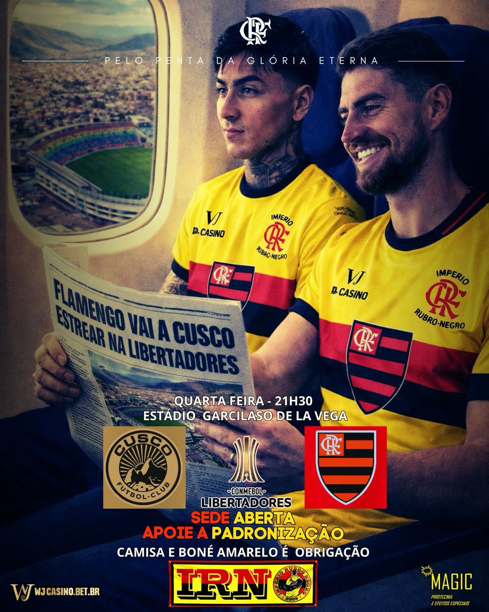 imperiorubroN's tweet photo. é dia de CONMEBOL Libertadores! 🔴⚫️🟡
O Flamengo vai até Cusco dar o pontapé inicial na caminhada em busca do penta da glória eterna!
Sede aberta pra geral colar:
• Venda de material oficial da torcida
• Bebidas no local
• Aquela resenha antes do jogo que já é tradição https://t.co/L78XCyfXN2