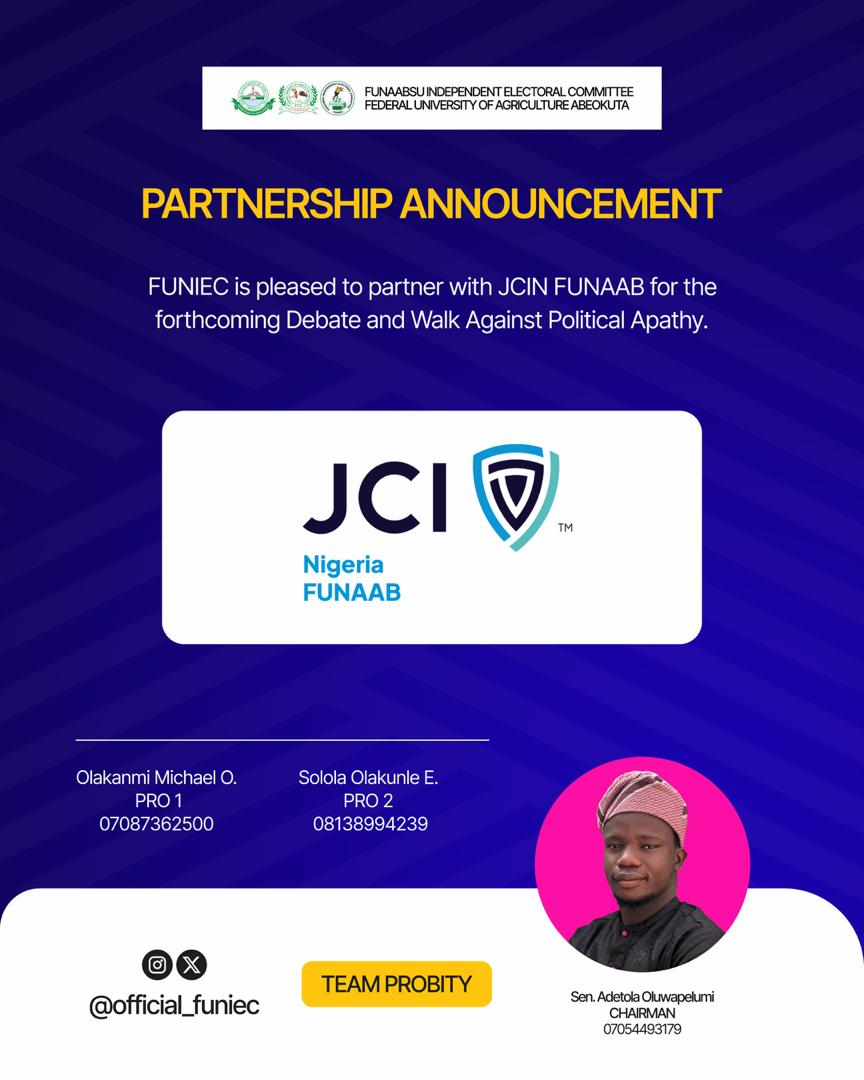 funiec_'s tweet photo. *PARTNERSHIP ANNOUNCEMENT*
FUNIEC, in partnership with Junior Chamber International Nigeria JCIN, is set to deliver the Debate and Walk Against Political Apathy.
This collaboration is to strengthening engagement and for impactful electoral activities.
#FUNIEC27 #TeamPROBITY https://t.co/GoyDuJ8AQ5