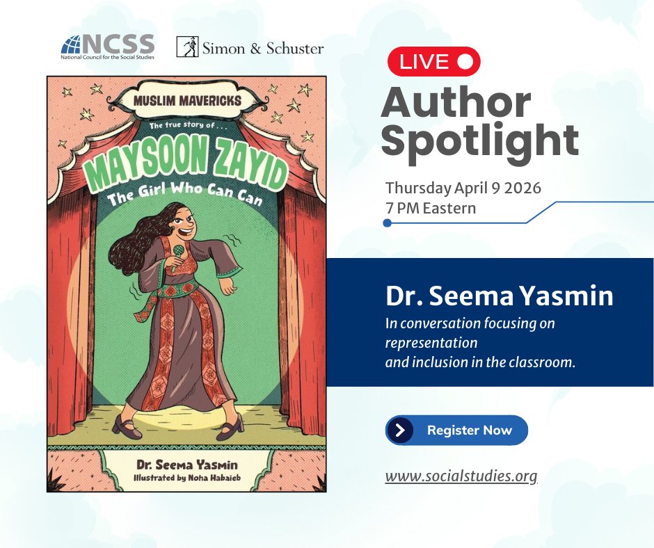 NCSSNetwork's tweet image. TOMORROW! Don't miss this Author Spotlight with Dr. Seema Yasmin, exploring inclusion and representation through Maysoon Zayid: The Girl Who Can Can.

 💻 Open to all educators. Save your spot: hubs.li/Q047q2gv0 #kidlit #edchat #representation