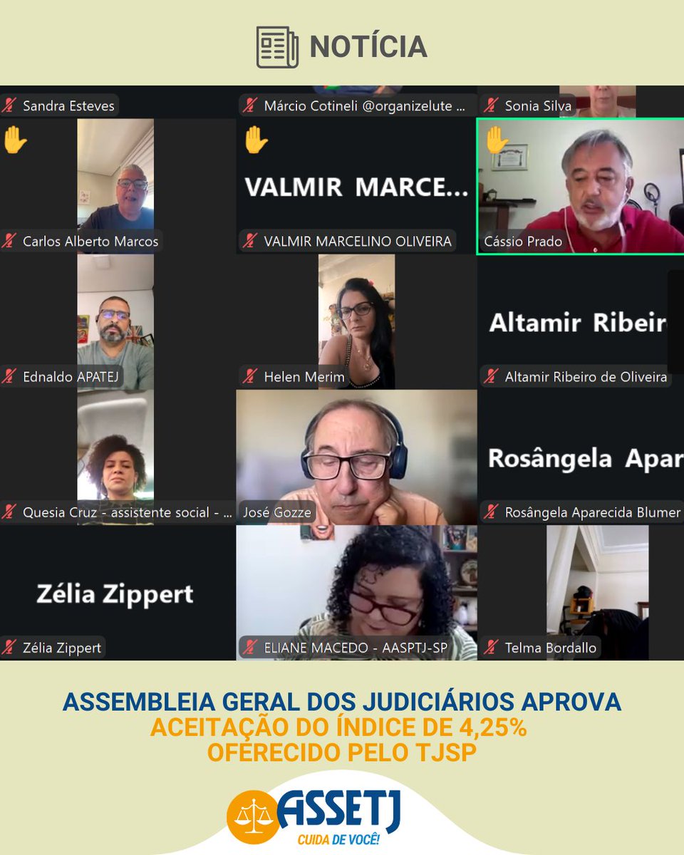 No último sábado, 28 de março, os servidores do Poder Judiciário de São Paulo realizaram uma assembleia geral virtual para deliberar sobre a Campanha Salarial 2026. 

assetj.org.br/noticias/asset…