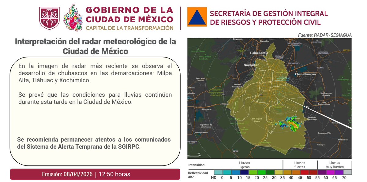 SGIRPC_CDMX's tweet image. En la imagen de radar más reciente se observa el desarrollo de chubascos en las demarcaciones: @AlcMilpaAlta, @TlahuacRenace y @XochimilcoAl.

Se prevé que las condiciones para #lluvias continúen durante la tarde en la Ciudad de México.

#PronósticoDelTiempo