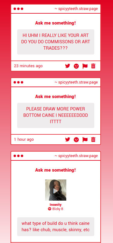 spicyyteeth's tweet image. 1. THANK YOUU!! I only take coms on my vgen!!! vgen.co/_kokorok (nsfw allowed!)
2. YESS I'M IN A VERY BOTTOM CAINE STUFFS RN FUCK
3. 🔥🔥🔥 Skinny like the show? but he got them lowkey big arms and big chest and.. slutty waist... drools