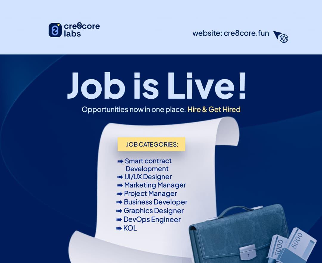 Cre8core_Labs's tweet image. For months, we’ve watched serious talent rise on Base,  builders, designers, marketers, people who can actually deliver.
And projects out there keep looking for this same talent… with no real place to connect.

That gap ends now.

Cre8core Labs just launched JOBS — the bridge