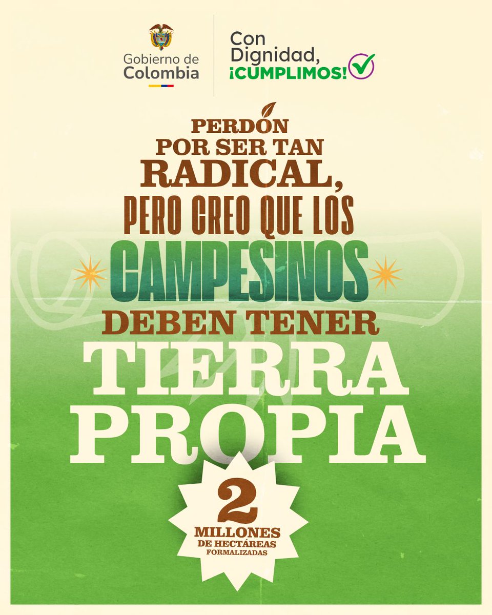 Salce5829201's tweet photo. En este Gobierno creemos que el campo tienen un futuro distinto cuando quienes trabajan la tierra dejan de ser ocupantes y pasan a ser propietarios. Hoy, 2 millones de hectáreas en Colombia tienen nombre propio. 

#2millonesdehectareas https://t.co/qU2XJEpITh