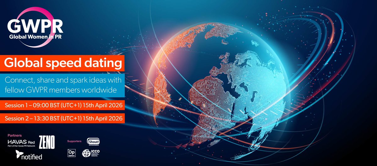 globalwpr's tweet photo. Members! Join us for GWPR’s first Global Speed Dating Event of 2026.

Two sessions:
15 April — 09:00–10:00 BST or 13:30–14:30 BST.

A fast, one‑hour chance to meet comms pros from around the world.

Register: https://t.co/IKyGp90gVB

Please note: this is a members only event. https://t.co/WZKmumuRoi