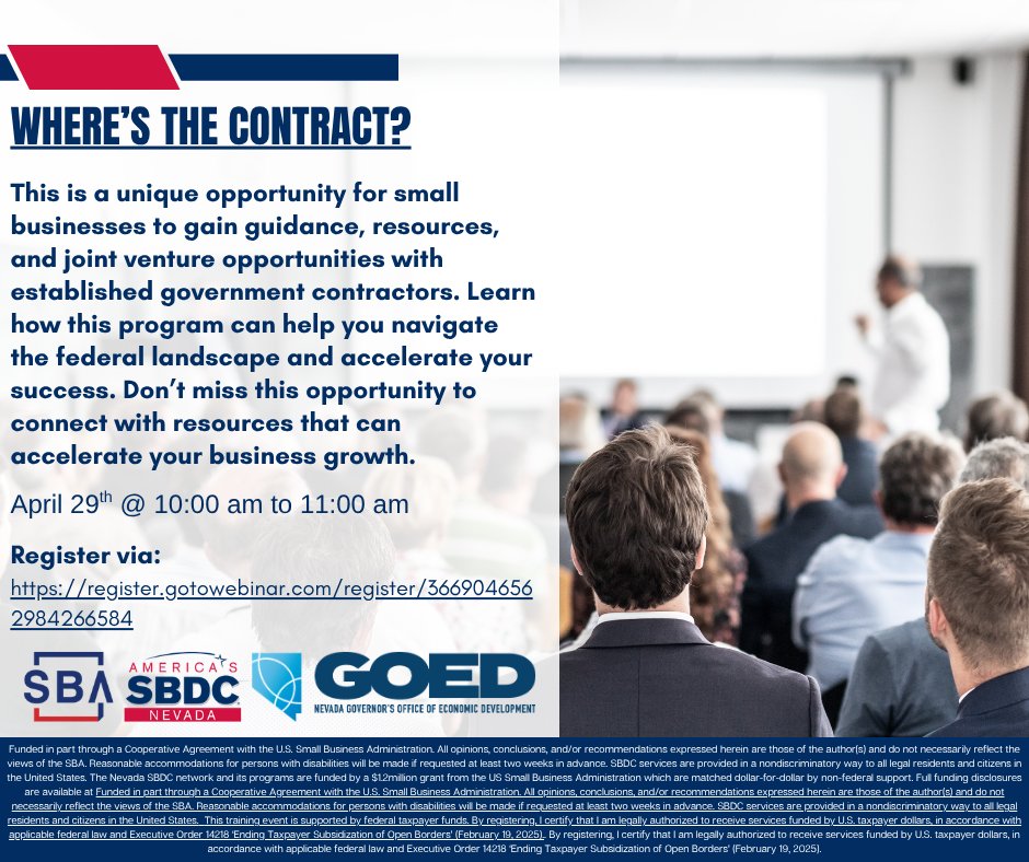 NevadaSBDC's tweet image. "Where's the Contract?" will share overviews of the Nevada APEX Accelerator and the SBA's Mentor-Protégé Program. This is a unique opportunity for small businesses to gain guidance from established government contractors.
Register now at: attendee.gotowebinar.com/register/36690…
#businessgrowth