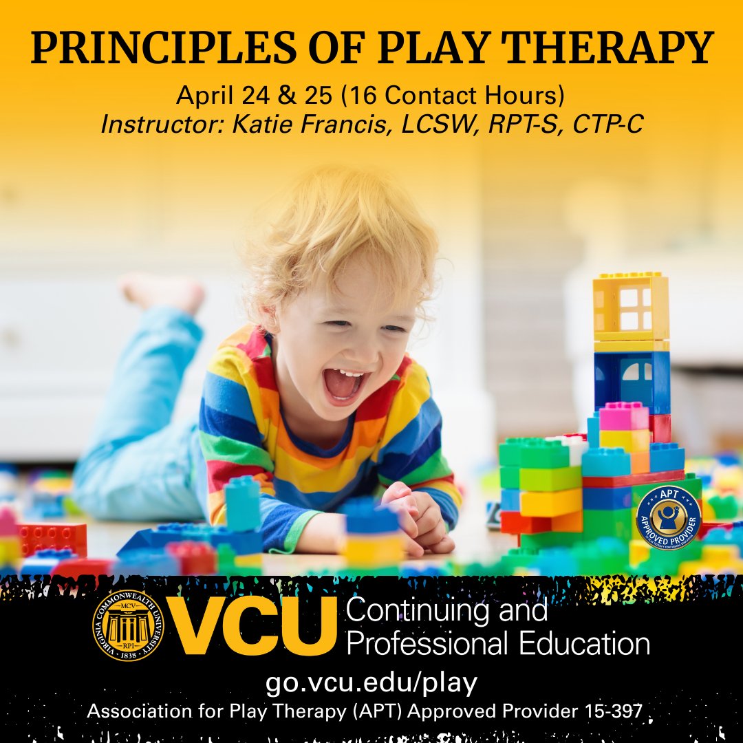 OCPE_VCU's tweet image. Stack your clinical skills with the first course in our series! Our Principles of Play Therapy intro class at @ChildSaversRVA provides the essential building blocks for effective approaches with young clients. go.vcu.edu/play

#PlayTherapy #VCU #Counseling