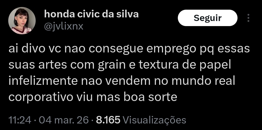 corta pra eu sendo EXTREMAMENTE elogiado numa entrevista de emprego hoje por causa das minhas artes com grain e textura de papel