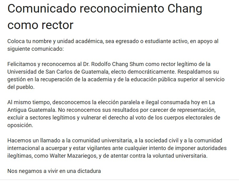 Factor4_GT's tweet photo. 🚨 #AHORA | Diversos sectores de la comunidad universitaria impulsan un pronunciamiento en respaldo al Dr. Rodolfo #Chang Shum como #rector legítimo de la Universidad de San Carlos de Guatemala, destacando su elección #democrática y su compromiso con la #recuperación de la academia y la educación pública superior.

Al mismo tiempo, el comunicado #desconoce la elección  realizada en Antigua Guatemala, señalando que carece de representatividad, excluye sectores legítimos y #vulnera el derecho al voto de cuerpos electorales de #oposición. En ese contexto, rechazan cualquier intento de imposición de autoridades, incluyendo a Walter Mazariegos.
https://t.co/yJALnmRlxu