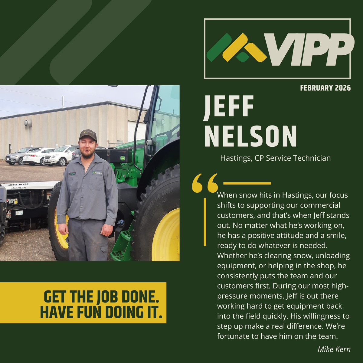 MMC_JD's tweet photo. Join us in celebrating our 2026, Q1 MMC VIPP Award recipients, Cole Westlund, Jeff Nelson, and Dennis Segebrecht! 

We’re thankful for your dedication, character, and the positivity you bring each day. Thank you for all you do to make Midwest Machinery better. https://t.co/M43Eevgtol