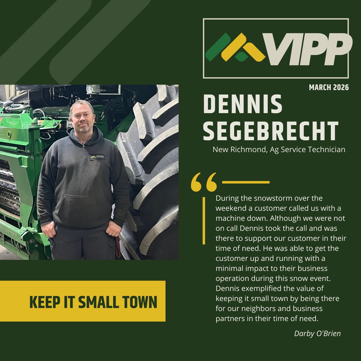 MMC_JD's tweet photo. Join us in celebrating our 2026, Q1 MMC VIPP Award recipients, Cole Westlund, Jeff Nelson, and Dennis Segebrecht! 

We’re thankful for your dedication, character, and the positivity you bring each day. Thank you for all you do to make Midwest Machinery better. https://t.co/M43Eevgtol
