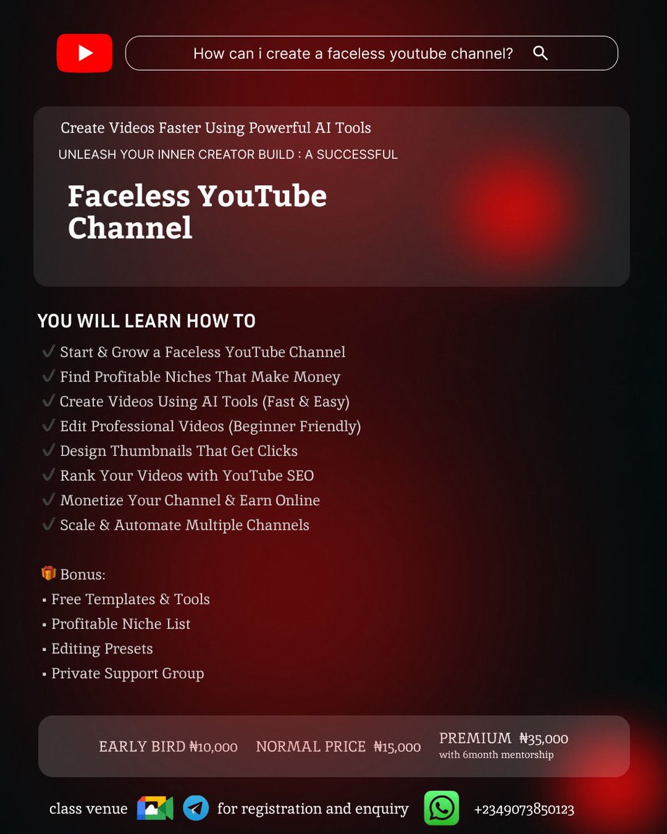 obaroyce's tweet photo. Build a profitable faceless YouTube channel 🎥💰
Learn AI video creation, niche selection, editing, SEO &amp; monetization beginner friendly 🚀
🎁 Bonuses included 💸 From ₦10k
Limited slots DM to join! https://t.co/rmtw3KuMHP