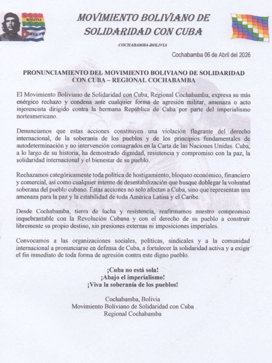 🇧🇴🇨🇺 El Movimiento Boliviano de Solidaridad con #Cuba – Regional Cochabamba condenó las agresiones imperialistas contra #Cuba y reafirmó su compromiso con la Revolución Cubana. "Cuba no está sola", señalaron. 

#CubaNoEstáSola #ICAPCuba #TumbaElBloqueo
<a href="/EmbaCubaBolivia/">EmbaCuba_Bolivia</a>