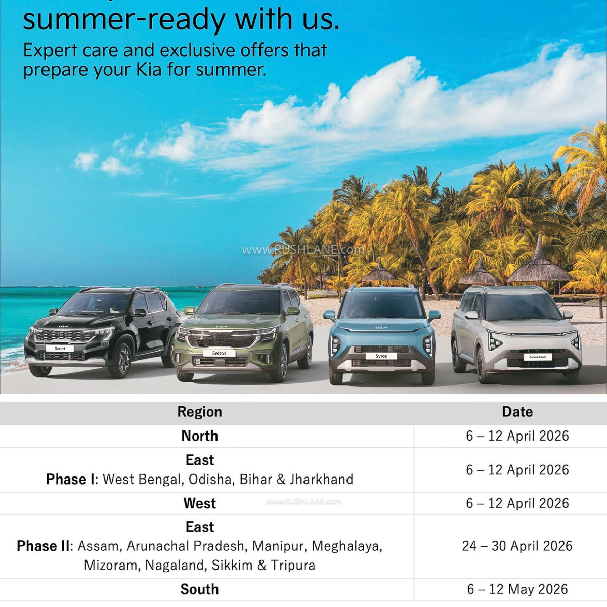 rushlane's tweet image. Kia India starts its Summer Service Camp 🚗☀️

Running till May 12 across the country — includes free vehicle check, AC inspection and some service offers.

#KiaIndia #Service