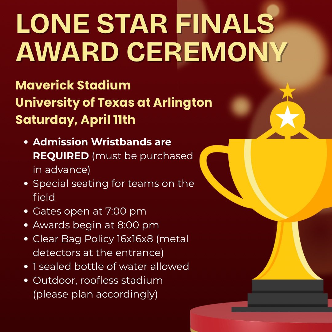 WeAreTexasDI's tweet photo. Wristbands will not be for sale on site. UT Arlington has a clear bag policy in place and you are allowed to bring 1 sealed water bottle (not reusable bottles). 

Bring your energy and be ready to cheer for your region! We’ll see you Saturday! ❤️🤍💙 #TXDI #LSF26 https://t.co/HTRN4PJHzm