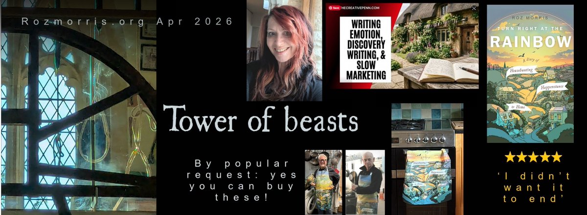 Roz_Morris's tweet image. Tower of beasts. Guesting on @thecreativepenn &amp;amp;  @MarkLeslie.  'I didn't want this book to end' &amp;amp; other new reviews of Turn  Right At The Rainbow. Yes you can buy the merch! A little horse.  mailchi.mp/0d2fab1da872/t…  #humour #househunting #essays #bellringing #memoir #writinglife
