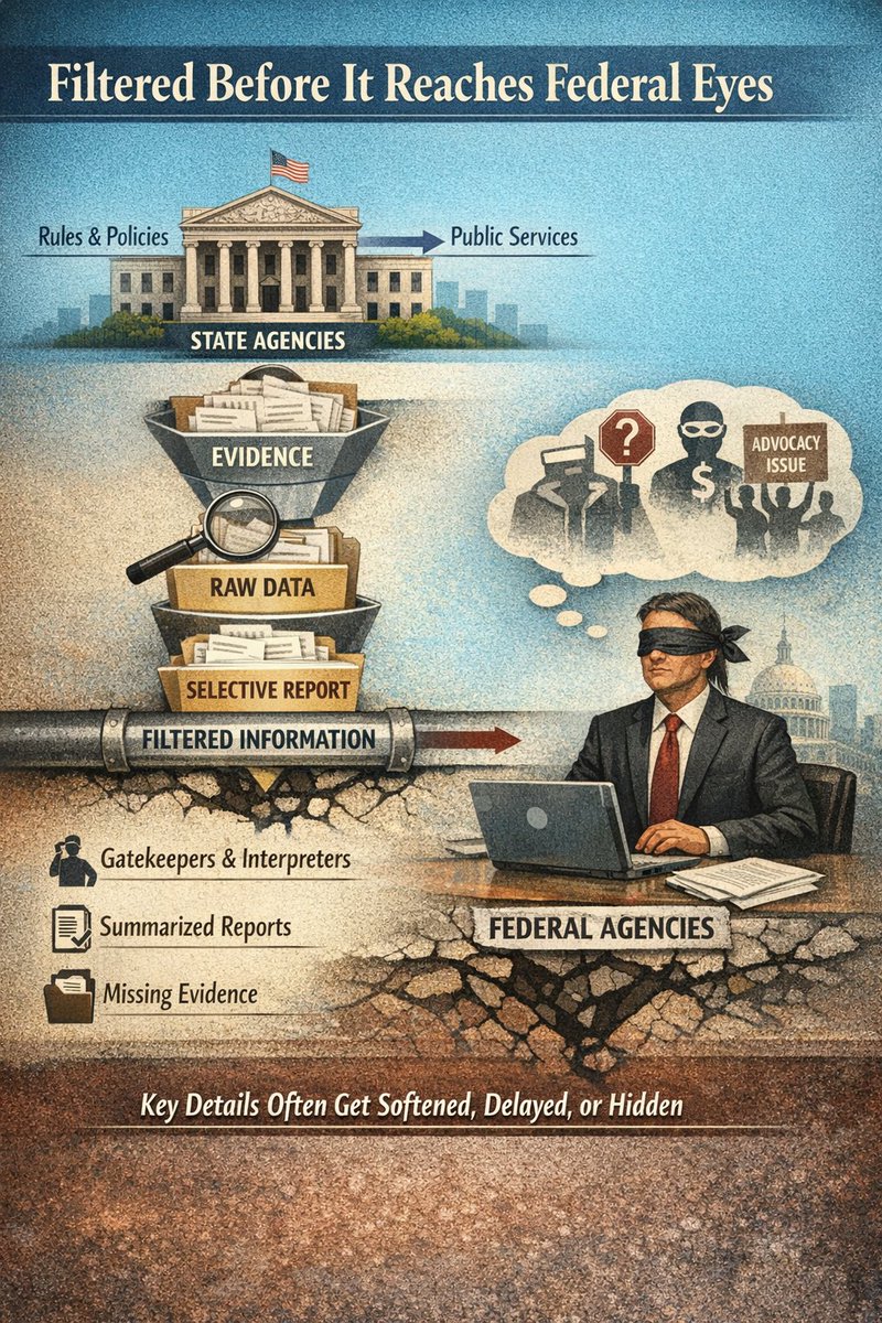 Securenewstv's tweet photo. Post 2 — How Information Gets Filtered Before It Reaches Federal Eyes

Most people assume that when a problem is reported, federal agencies receive the full details. In practice, they often receive only what the state layer chooses to forward.

In one representative case, identity misuse and benefit disruptions occurred simultaneously with ongoing advocacy activity. The state-level offices responsible for wage reporting and identity verification did not escalate the issue, even when the consequences affected federal benefits. The federal agency later confirmed it had never received the underlying evidence.

This is not an anomaly. It is a structural flaw:
State  offices act as both gatekeepers and interpreters.
Federal agencies rely on state summaries, not raw data.
Evidence  can be softened, delayed, or omitted entirely.
This filtering effect creates blind spots that allow both fraud and retaliation to occur without detection.