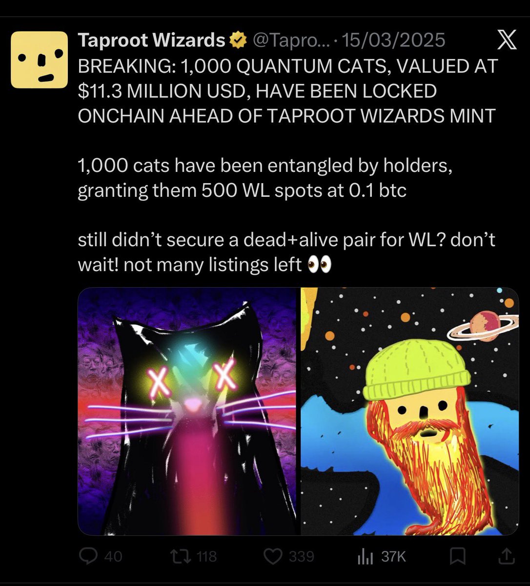 Celebrating 1 year since the $30 milly <a href="/TaprootWizards/">Taproot Wizards</a> mint, since neither their team nor community has put a spotlight on this great year for them:

1) from 0.31 BTC auction to .03 btc floor now (90% pullback, straight line down: immaculate tbh)

2) 1,000 quantum cats valued at