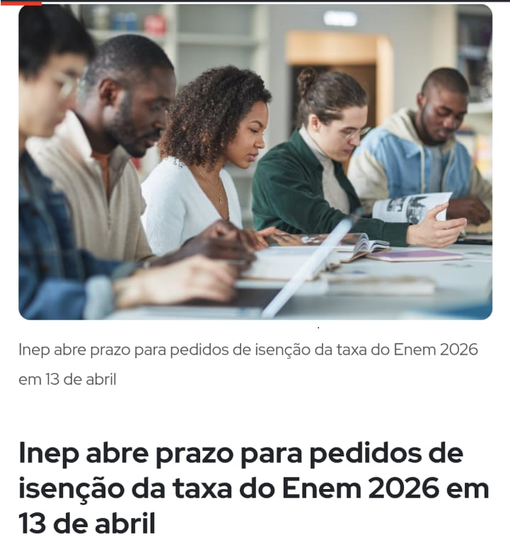 emanuelomena's tweet photo. Estudantes que buscam a gratuidade no Enem 2026 devem realizar a solicitação entre os dias 13 e 24 de abril por meio da Página do Participante. O prazo, estabelecido pelo Inep em edital publicado no início do mês, também contempla candidatos que precisam justificar a ausência na edição anterior para garantir o benefício este ano. Saiba mais .https://t.co/0h4MaMbRTU.