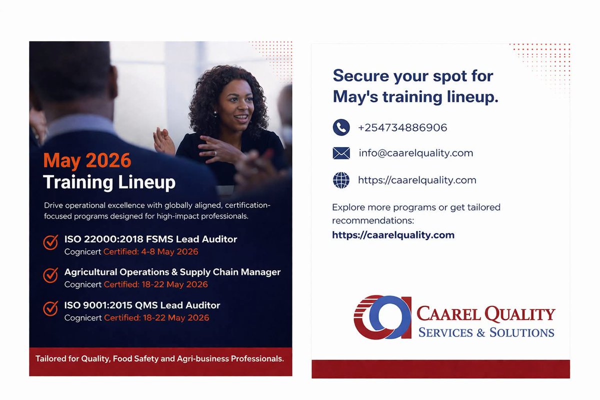caarelquality's tweet photo. May 2026 Training Lineup – Caarel Quality 

Designed for professionals in Quality, Food Safety and Agribusiness Industries.

Secure your learning today!
Registration link: 
https://t.co/zyoBWi3i8Y
 
#caarelquality #ISO9001 #iso22000 #agribusiness https://t.co/W00wHtE40t