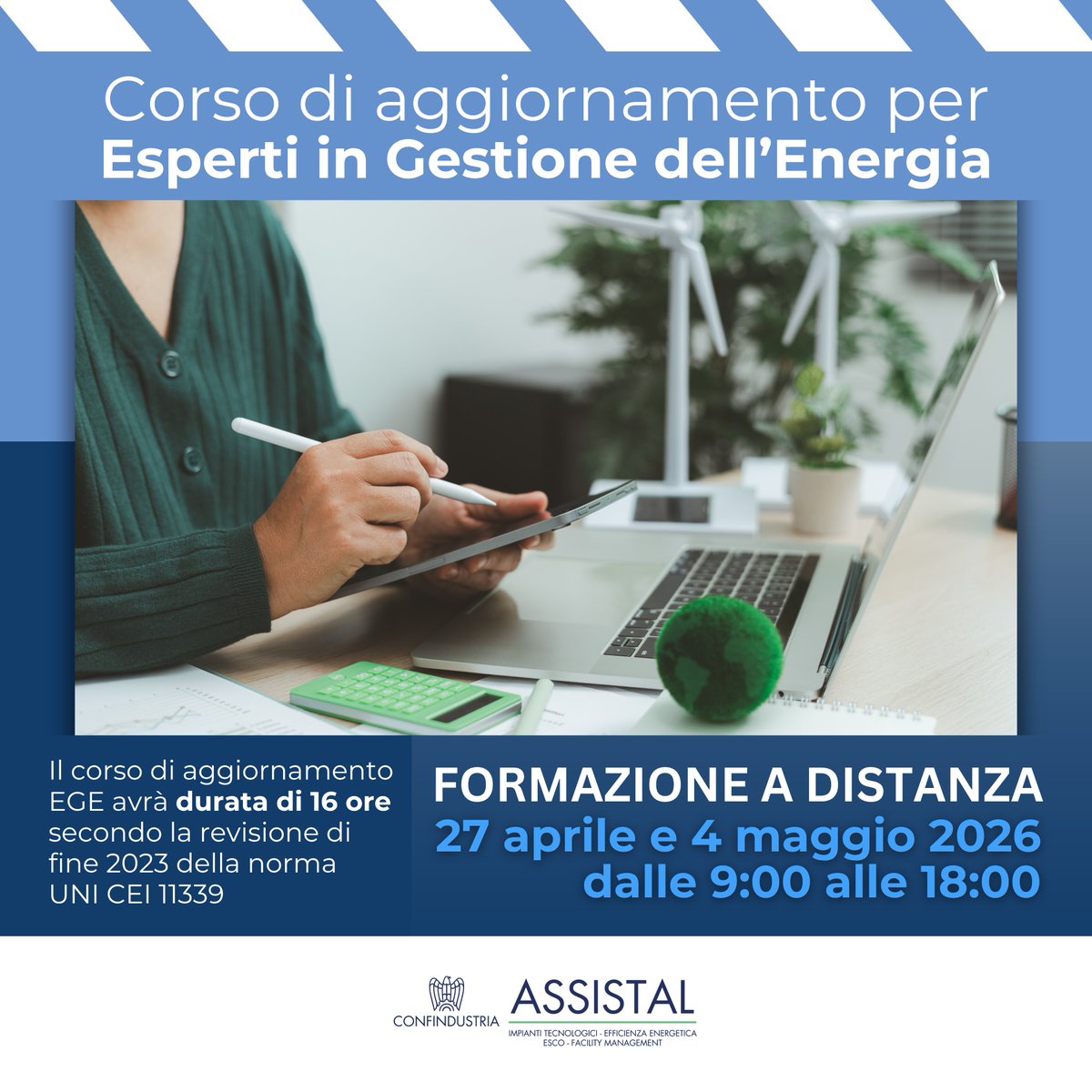 assistal's tweet photo. 📌#ASSISTAL promuove il Corso di aggiornamento per Esperti in Gestione dell’Energia, un percorso formativo dedicato ai professionisti già certificati EGE che devono mantenere e rafforzare le proprie competenze secondo la normativa UNI CEI 11339.

https://t.co/1u37TiBNkl https://t.co/p2nbvS3sjz