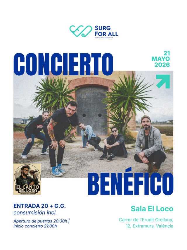 SurgForAll's tweet photo. 🎶 Ya están disponibles las entradas para nuestro concierto benéfico 🎶
El próximo 21 de mayo nos reunimos con el grupo valenciano El Canto del Lobo, que rendirá tributo a El Canto del Loco.
📍 Sala El Loco
🕣 Apertura 20:30, inicio 21:30
🎟️ 20€ + GG (con consumición) https://t.co/lhsR7kjcVv