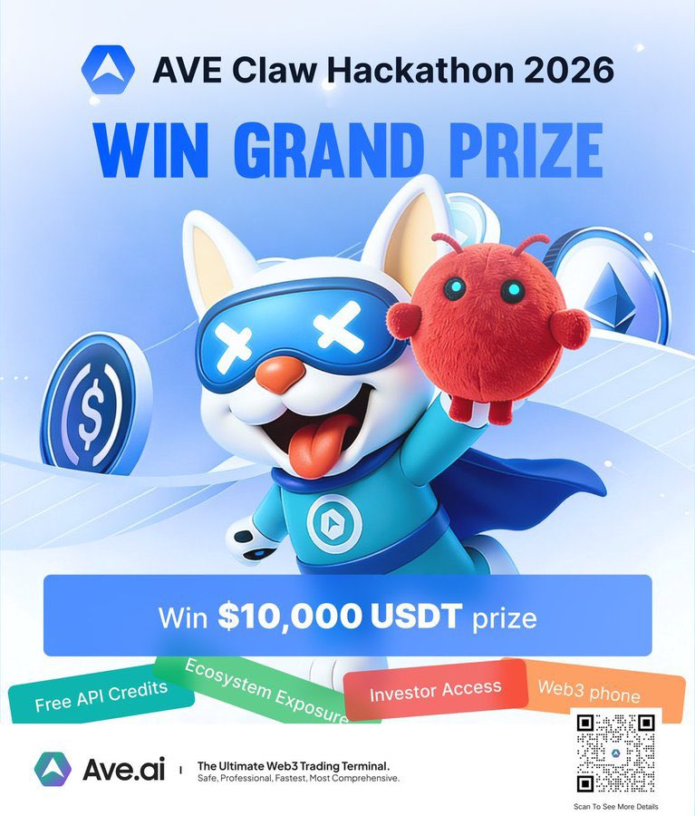 maxwelldotSol's tweet photo. 🚀 AVE Claw Global Hackathon 2026 is in progress!

⏰ Apr 4, 2026 00:00 – Apr 15, 2026 23:59 (UTC+8)

Challenge Overview: Build a fully functional app or tool using AVE Claw (1-month free API access upon successful registration), integrating at least ONE of the following: 
• Monitoring Skills: on-chain asset tracking, price alerts, anomaly detection, risk alerts 
• Trading Skills: strategy signals, automated execution, portfolio management, backtesting

🏆 Prizes: 
🥇 1st: 5,000 USDT + 3-month free API credits + featured exposure + VC connections 

🥈 2nd: 3,000 USDT + 3-month free API credits + featured exposure + VC connections 

🥉 3rd: 2,000 USDT + 3-month free API credits + featured exposure + VC connections 

🏅 4–10th: Web3 phone + featured exposure + VC connections

✈️ Top 2 teams will be invited to the Hong Kong Carnival for a live demo & award ceremony

🔗 Learn more: https://t.co/qsUVk2tUZx

Start AveAi here- https://t.co/Xqy1KPsEA7

AveAi Signal group- https://t.co/zLbGlEXzwt