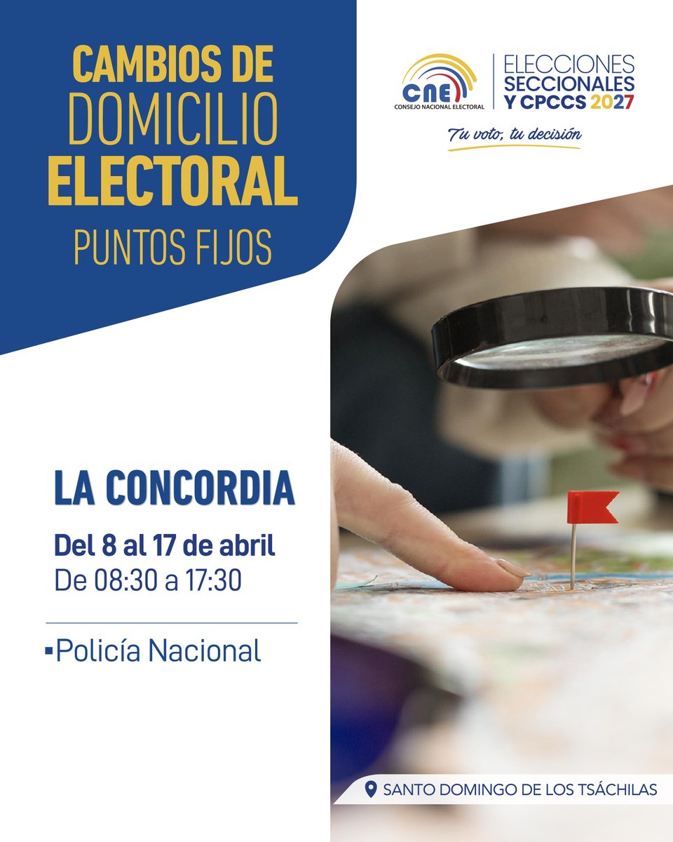 #DecideVotarCerca 📍🗳️
En #LaConcordia #CambiaTuDomicilioElectoral.
Del 8 al 17 de abril 🗓️.
🕣 De 08:30 a 17:30 en la #PolicíaNacional.
¡Acércate y vota más cerca de casa! 🏡✅
 #Elecciones2027Ec🇪🇨