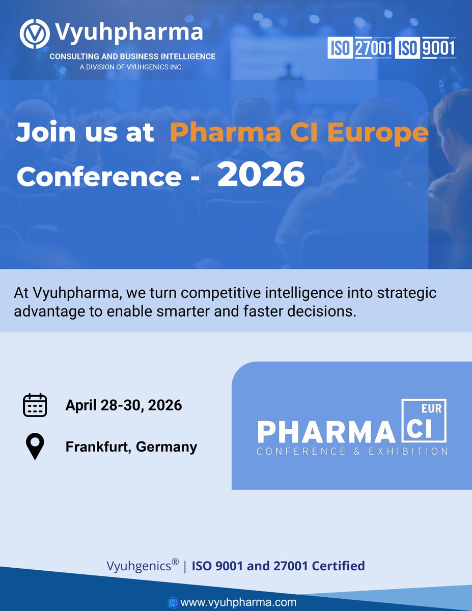vyuhpharma's tweet image. ✨ We’re excited to share that Vyuhpharma will be exhibiting and presenting at the Pharma CI EUR Conference 2026 in Frankfurt, Germany, on April 28–30, 2026! 👩‍💻
#PharmaCI #PharmaInnovation #CompetitiveIntelligence #VyuhPharma