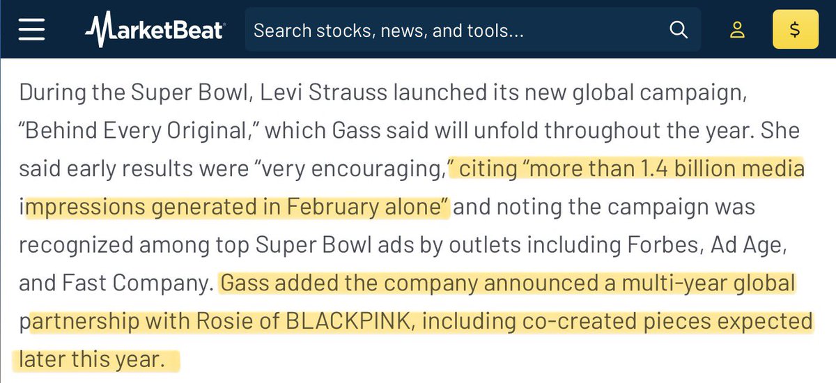 ROSÉ was mentioned by Levi Strauss &amp; Co. CEO Michelle Gass during earnings call.

Levi Strauss &amp; Co. reported Q1 revenue up +14% (organic +9%), with e-commerce surging +17% and a raised full-year outlook  

Powered by a global campaign featuring ROSÉ launched at the Super Bowl
