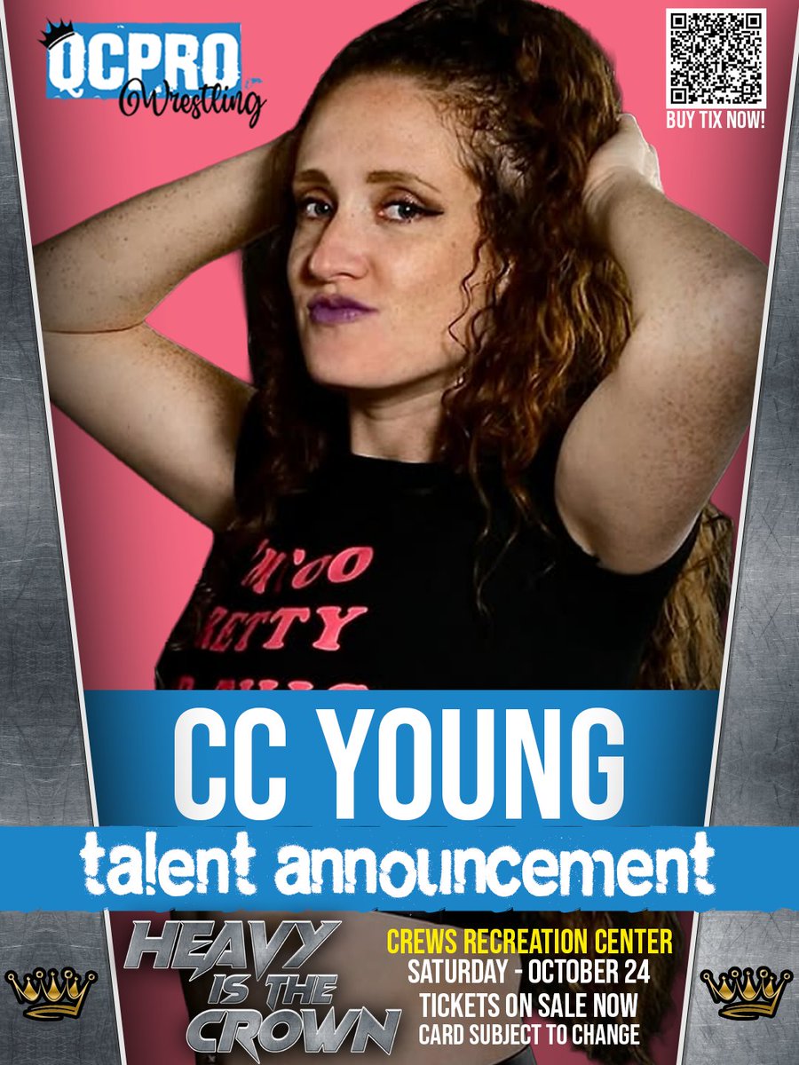 qcprow's tweet photo. Women’s Wednesday rolls on — next up is CC Young! A rising star in the Carolinas, she’s been making waves with New Born Wrestling, PCW, PWF, and more. She joins an already stacked women’s lineup on Oct 24 at the Crews Rec Center for Heavy Is The Crown.
Tickets on sale now.
#qcpro https://t.co/AllMyGJ7eZ
