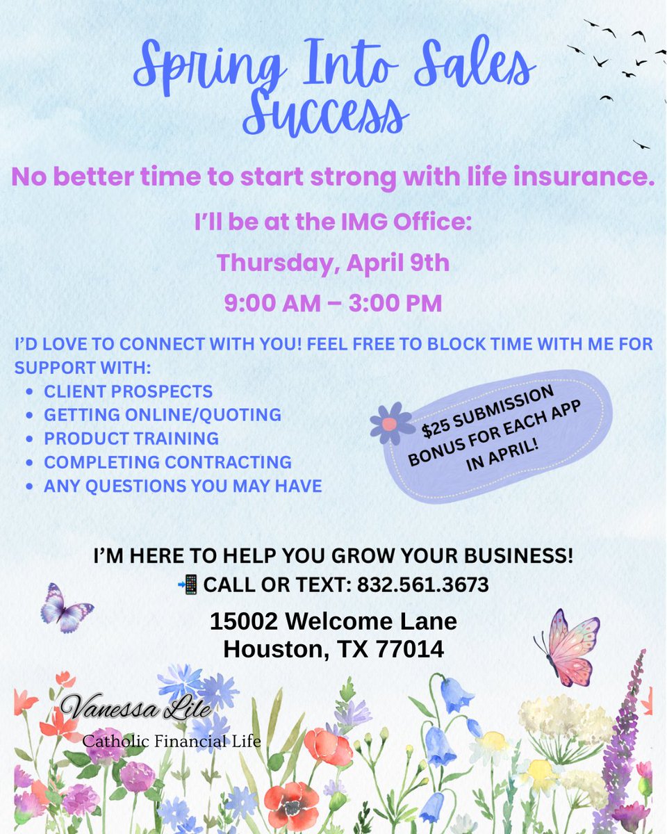 IndependenceMa7's tweet photo. April flowers may bring showers, but also bonuses for CFL apps!

Come join Vanessa with CFL &amp; the IMG staff at the IMG training center tomorrow!

#IMGBrokerage #Brokerage #InsuranceAgent #CatholicFinancialLife #TrustedFraternalLife #InsuranceContract #insurance #bonus https://t.co/ekFEQzLzI8