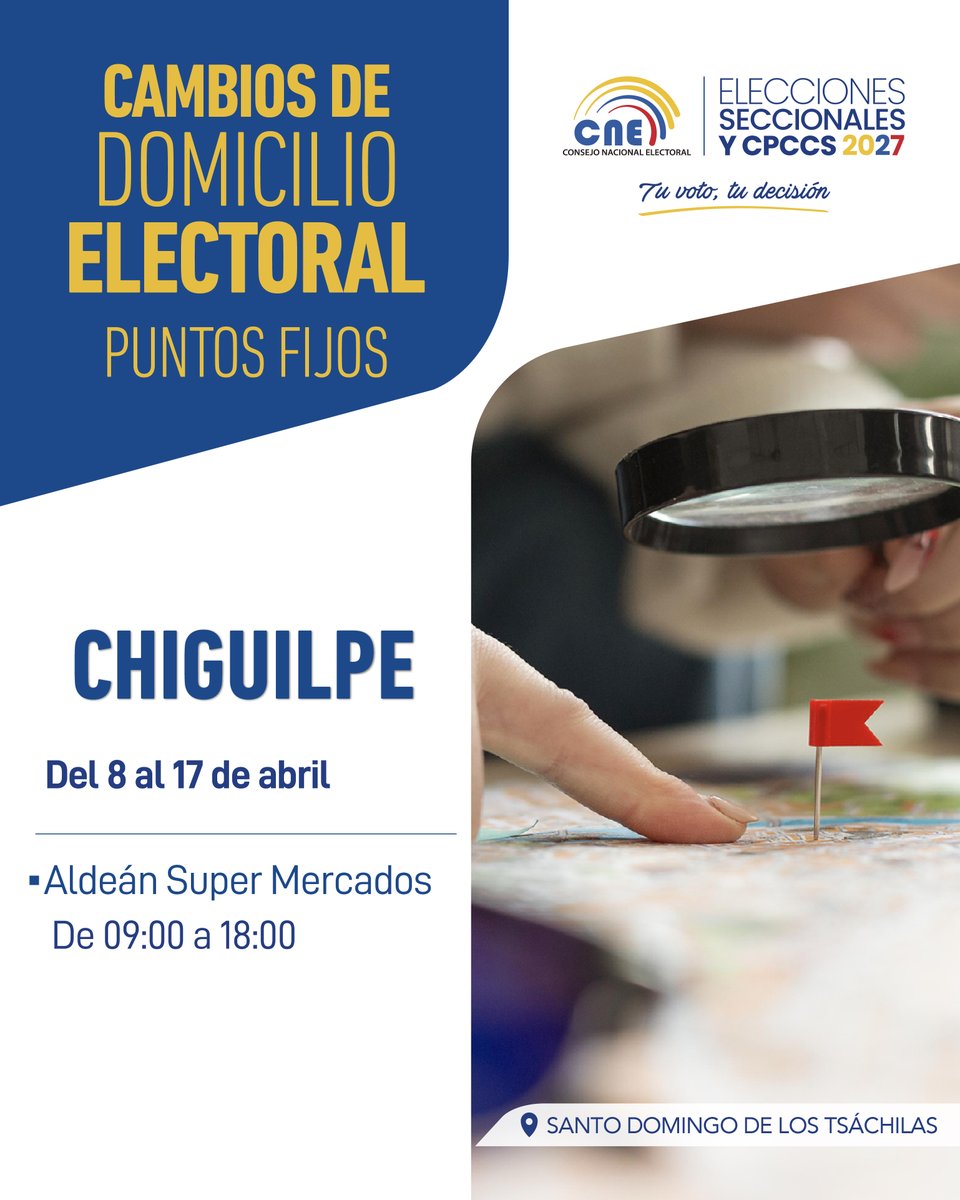 #DecideVotarCerca 📍🗳️
En #Chiguilpe #CambiaTuDomicilioElectoral.
Del 8 al 17 de abril 🗓️.
🕣 De 09:00 a 18:00 en #AldeánSuperMercados.
¡Acércate y vota más cerca de casa! 🏡✅
#Elecciones2027Ec🇪🇨