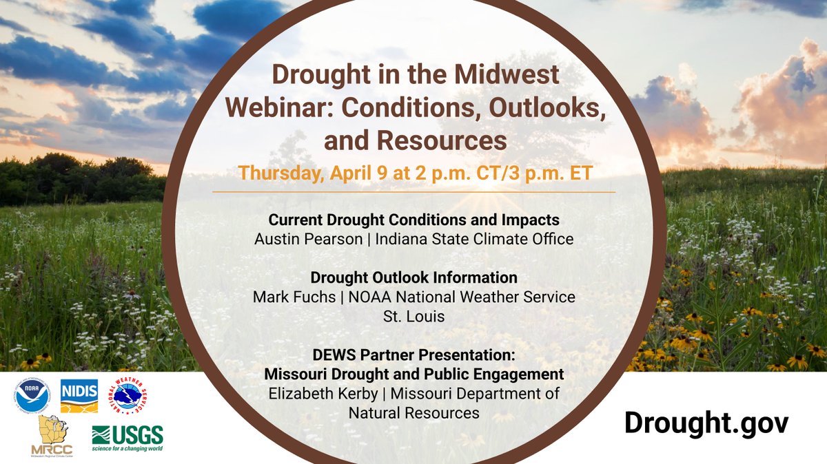 ClimateMolly's tweet photo. Don't forget to register for tomorrow's #drought in the #Midwest webinar! 

We've seen improvement recently - join us to see where issues still persist and what the outlooks are showing. Great line up of speakers: @MidwestClimate @NWSStLouis @MoDNR 

🔗https://t.co/Z6qCLuDnw8 https://t.co/FwoRDi5bC6