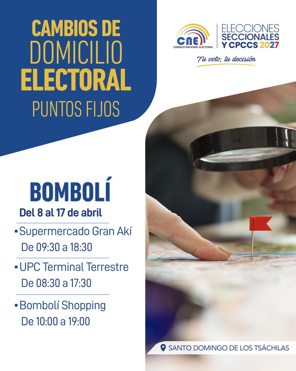 #DecideVotarCerca 📍🗳️
En #Bombolí #CambiaTuDomicilioElectoral del 8 al 17 de abril 🗓️.
Acércate al #GranAkí, #UPCTerminalTerrestre o al #BombolíShopping 🏢 y vota más cerca de casa 🏡en las #Elecciones2027Ec y de #CPCCS✅.
 👇