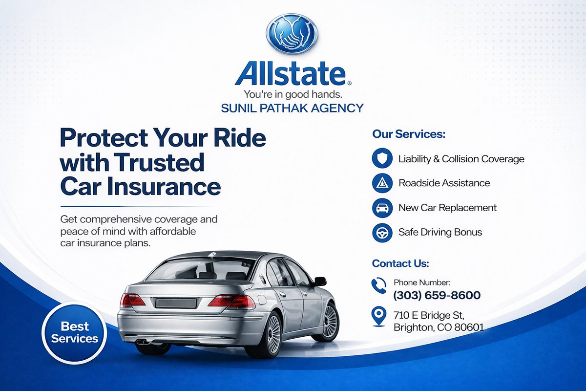 PathakAgency's tweet image. Better service. Better protection.

Get the best car insurance services in Brighton! Sunil Pathak Agency offers Safe Driving Bonuses and 24/7 Roadside Assistance.

✅ Affordable Plans
✅ Trusted Service

📞 (303) 659-8600 
#AllstateInsurance #SunilPathakAgency #BrightonLocal