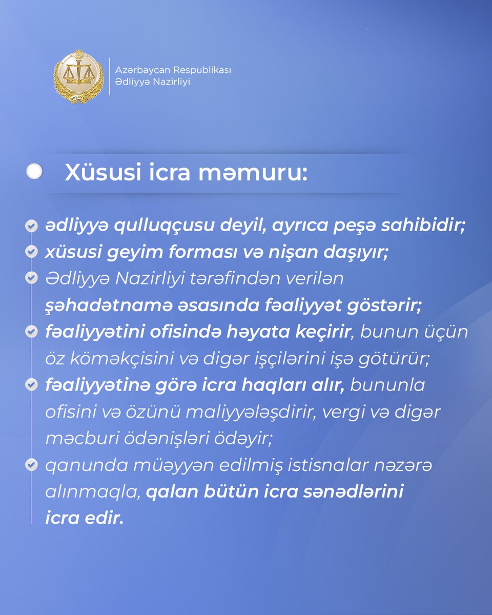 Xüsusi icra məmuru "Xüsusi icra məmurları haqqında" Qanunda nəzərdə tutulmuş məhkəmələrin və qanunla icrası icra məmurlarına həvalə edilmiş digər orqanların sənədlərinin icrasını həyata keçirmək üçün xüsusi icra məmuru şəhadətnaməsi almış fiziki şəxsdir.

#ƏdliyyəNazirliyi