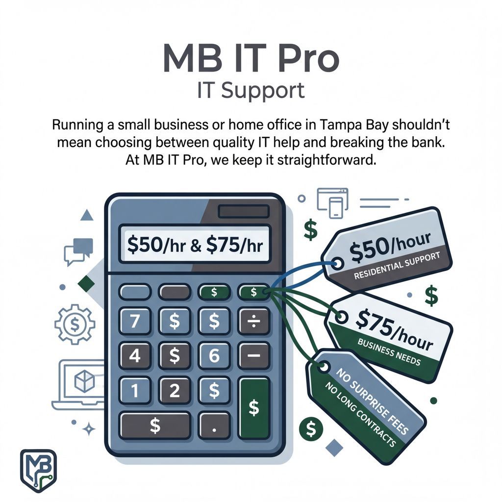 MB_ITPro's tweet photo. Affordable IT in Tampa Bay: $50/hr residential, $75/hr business. No surprises, real results. Putting off tech fixes? Message us.
Secure. Smart. Scalable IT Solutions. #MBITPro #AffordableIT #TampaIT #SmallBusiness https://t.co/SgFXEKOjZU